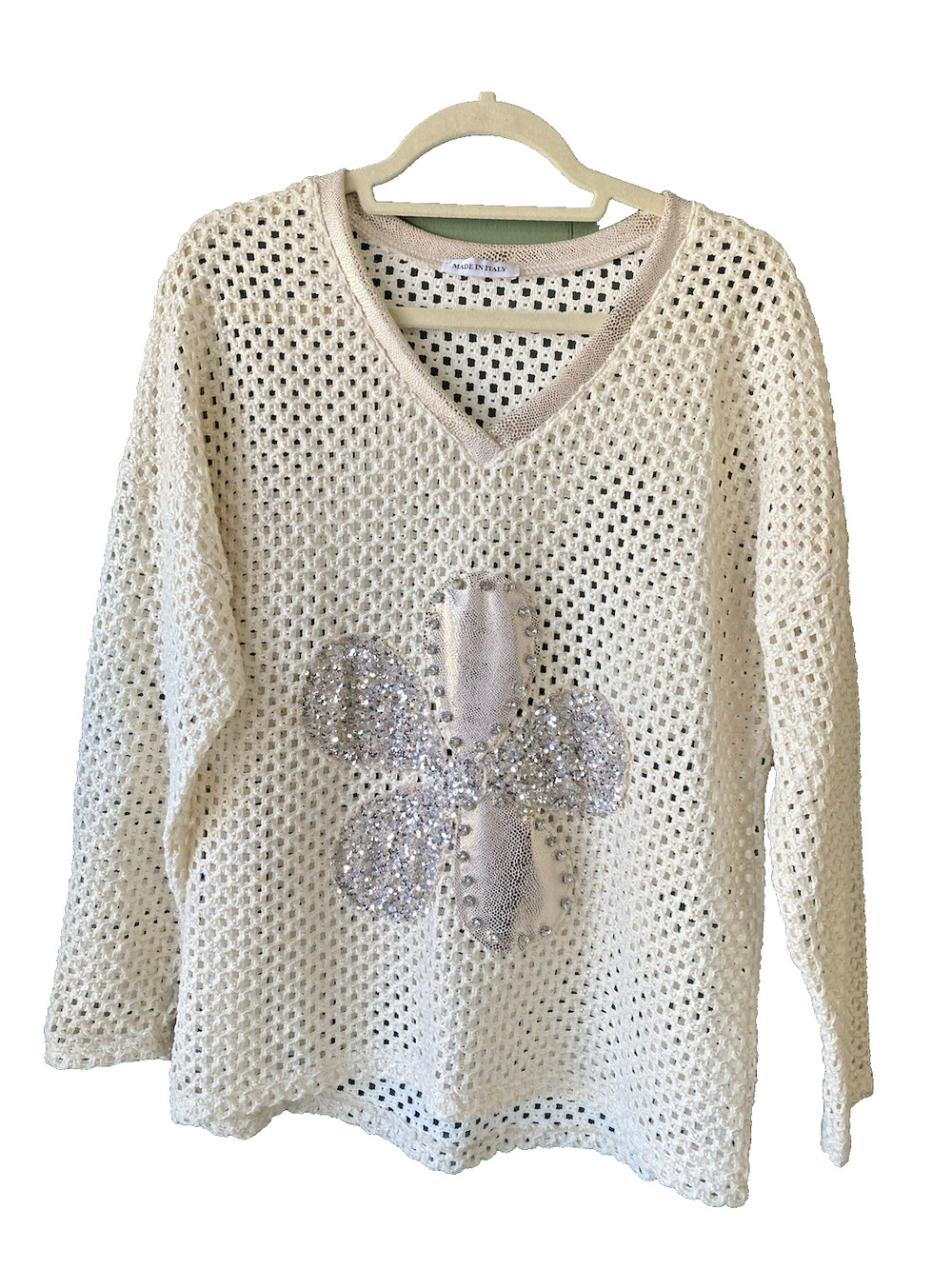 Womens Shirt Blouse ONE SIZE Coastal Resort Embellished Open Knit MADE IN ITALY
